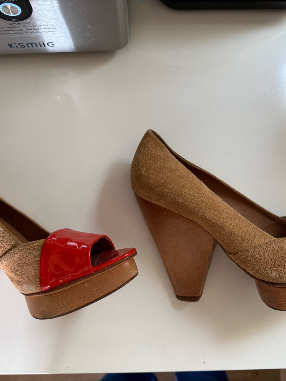 Women’s Brown Suede Platform Heels with orange Patent Toe Strap